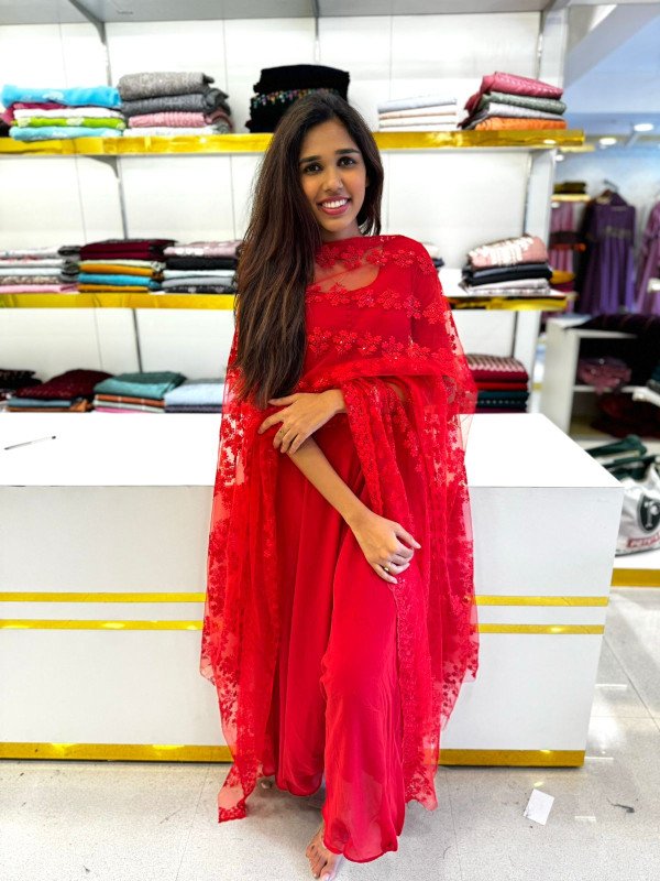 LIYA ANARKALI KURTHI WITH NET DUPATTA RED